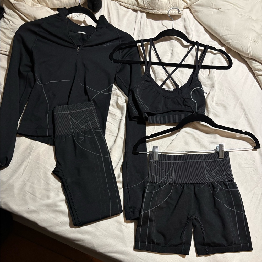 Gymshark Zip up, Sports Bra, Shorts, and Leggings Set